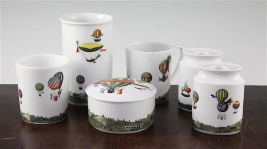 Fornasetti for Rosenthal porcelain. Two candle holders, a box and cover, two mugs and a beaker, beaker 14cm